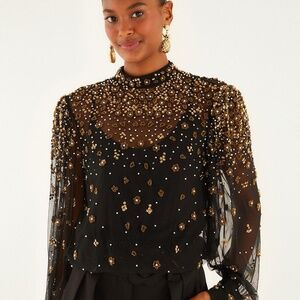 FARM Rio Black and Gold Embellished Blouse